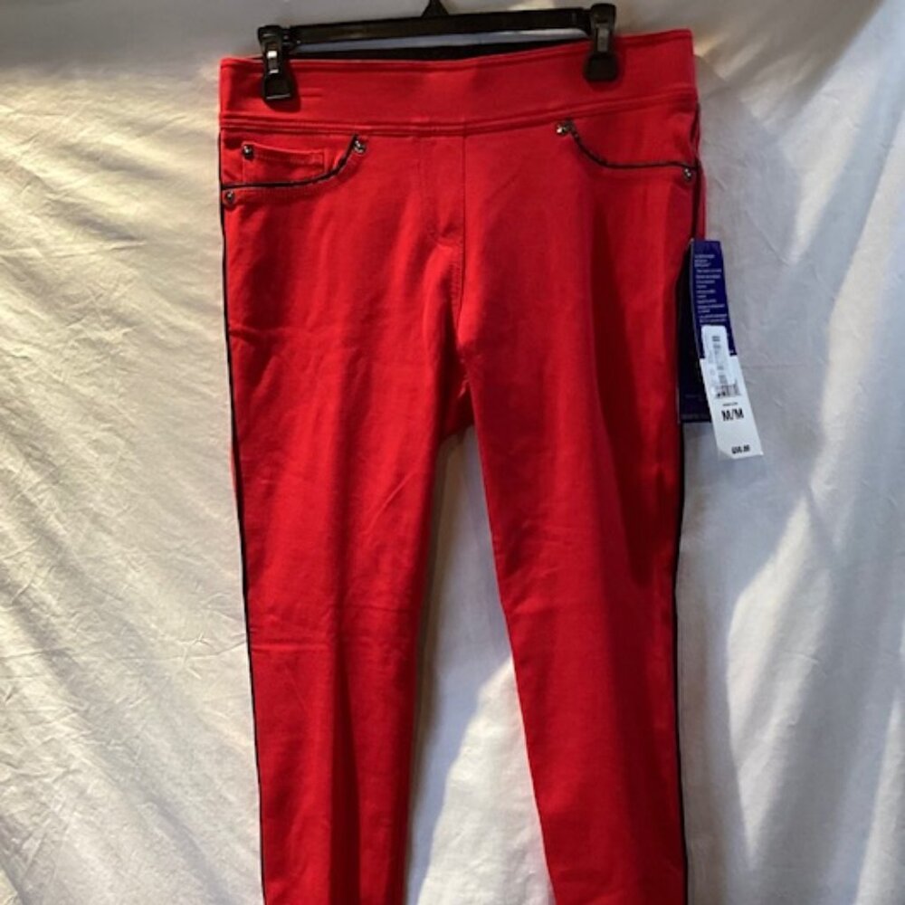 Peter Nygard Slim Jeggings Med Petite Red‎ Black Piping 32"W x 33"L NWT Pull-ons